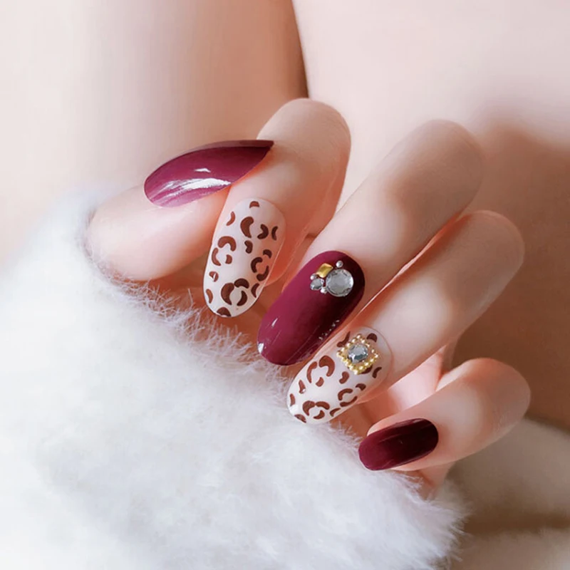 Hot 24Pcs Leopard Printed False Nail Wedding Acrylic UV Gel Full Fake Nails Art Tools For Bride