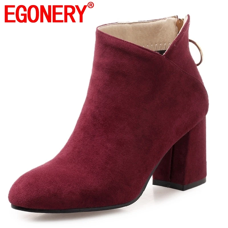 

EGONERY 2018 newest concise zipper high square heel round toe flock large size ankle boots three colors winter warm women shoes