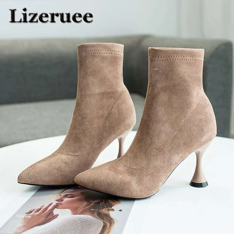 

2019 Spring/Autumn New Women Sock Boots Pointed Toe Elastic High Boots Slip On High Heel Ankle Boots Women Pumps Stiletto Botas