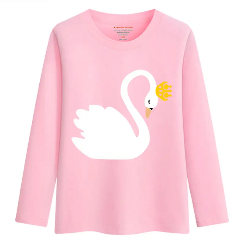 Новое поступление, свитер для маленьких девочек весна-осень г. Подростковый свитер детская одежда хлопковая Футболка с лебедем для девочек, футболки с длинными рукавами, топы - Цвет: Pink LT17