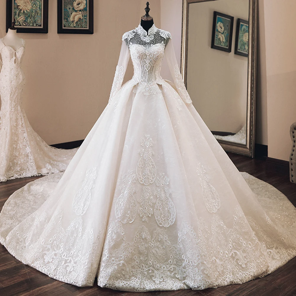 Vestido de Casamento роскошное бальное платье с аппликацией из бисера, свадебные платья с длинным рукавом, платье невесты с высоким воротом