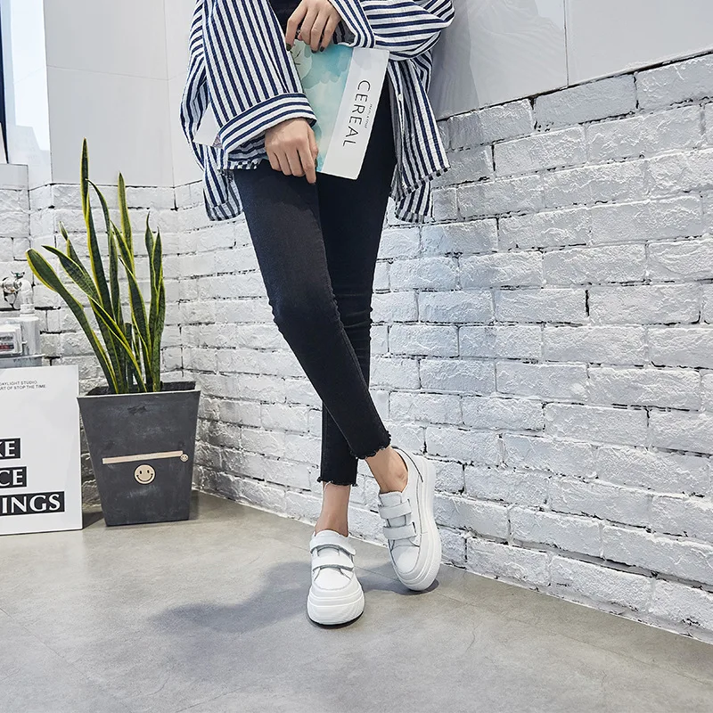 Vache Cuir En Femme 2018 Sneakers Boucle Blanches Pour Chaussures Wedge Swyivy forme Naturel Peau Noir De Baskets Plate Femelle Décontractées Caché Crochet blanc derCxBoW