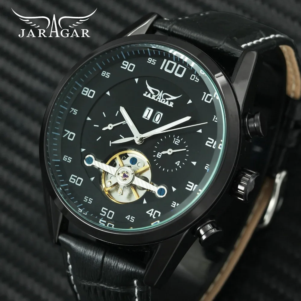 

2018 JARAGAR Military Sport Watch Men Tourbillon Auto Mechanical Watches Leather Band 2 Working Sub-dials Clock Top Brand Luxury