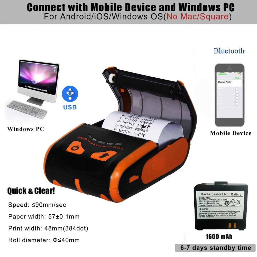 

ISSYZONEPOS IMP013 Mini-USB Mobile Portable Thermal Receipt Cashier Loyverse Printer Apple/Android/Windows Bluetooth/USB/WIFI