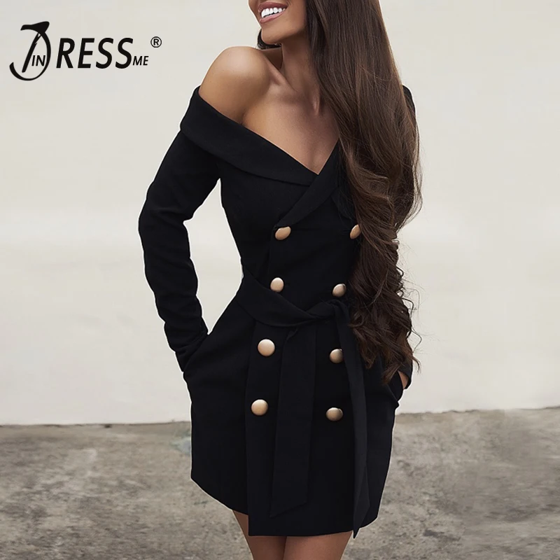 

INDRESSME Women New Fashion Sexy V Neck Double Breasted Long Sleeve Bodycon Dress With Belt Party Club Dress 2019 Vestidos