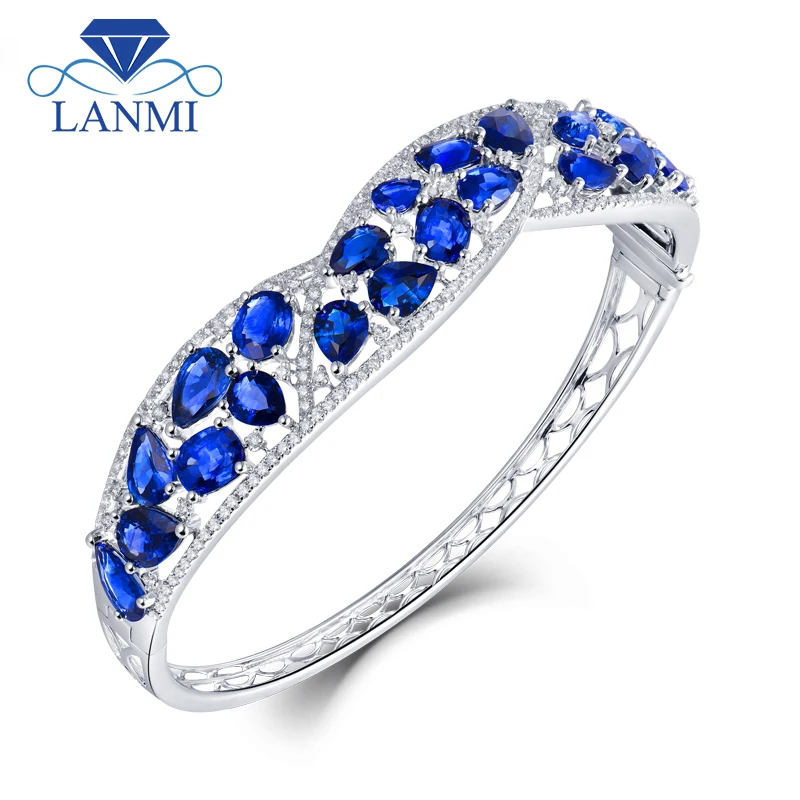 

LANMI Bracelet Solid 18K White Gold Blue Sapphire Sparkly Diamond Bangle for Women Natural Gemstone Wedding Jewelry Love Gift