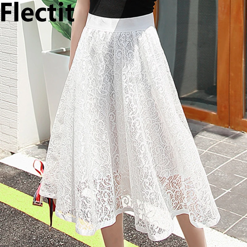 

Flectit Women Flared Lace Pleated Skirt with Exposed Zipper & Elastic Waist Vintage Elegant Skirts in Black White