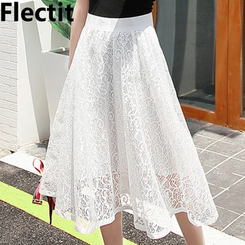 

Flectit Women Flared Lace Pleated Skirt with Exposed Zipper & Elastic Waist Vintage Elegant Skirts in Black White