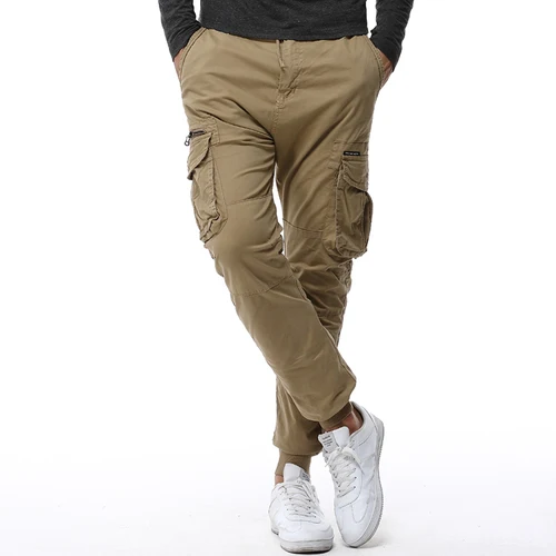 Мужские брюки карго в стиле хип-хоп, шаровары для бега,, мужские брюки, одноцветные, с несколькими карманами, хлопковые брюки, спортивные штаны - Цвет: Khaki