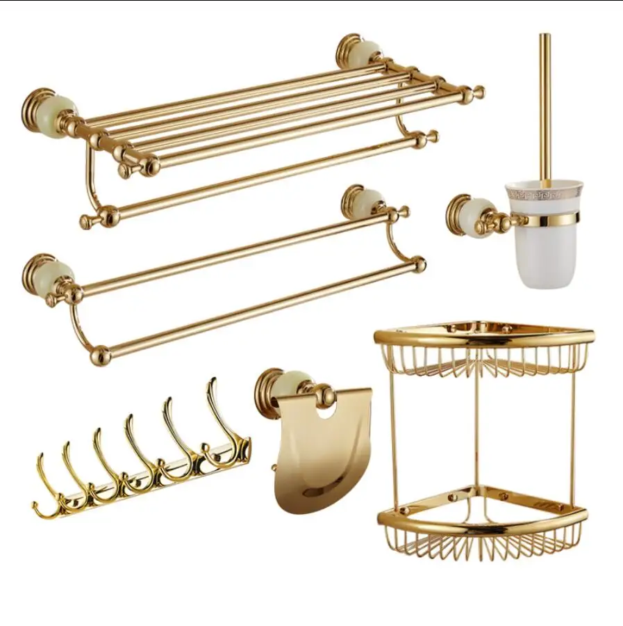 Günstige Messing und Jade Bad Zubehör set, Gold Tolet Pinsel, Papierhalter, Handtuchhalter, seifenkorb, Handtuchhalter bad Hardware set
