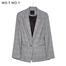 WOTWOY, офисный женский клетчатый Блейзер,, осенний костюм, блейзеры, Mujer, официальные куртки, для женщин, элегантный, с зубцами, для работы, Блейзер, Feminino