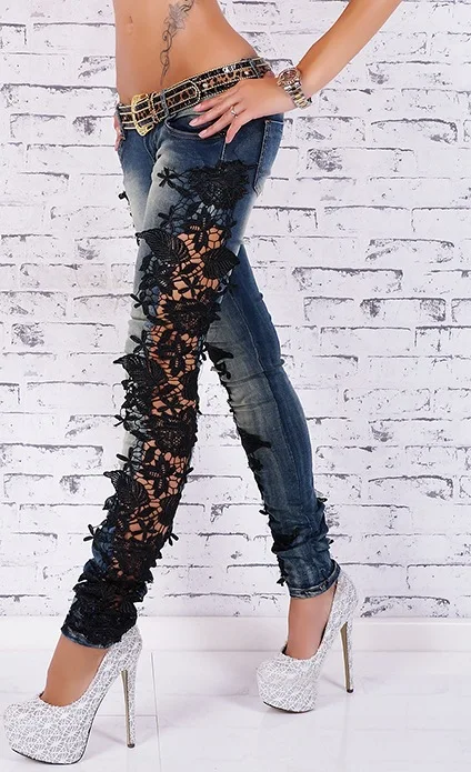 Free Shipping Hot Sale Fashion Hollow Out Skinny Lace Jeans Sexy Women 