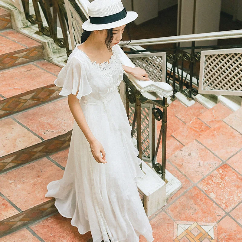 

IRINAW240 new arrival summer 2018 vintage long white lace chiffon dress
