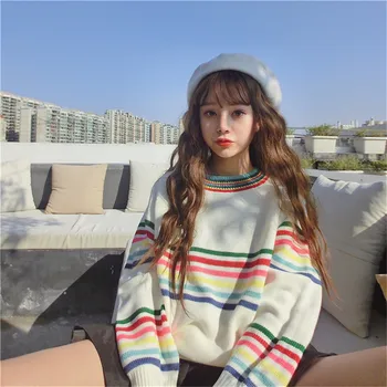 

Colorful Striped Women Sweater Korean Spring New Fashion Long Sleeve Pullovers Casual Loose O-neck Knitted Sweaters
