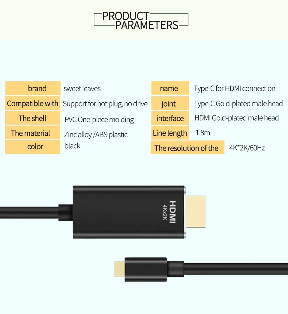 Type-C to HDMI Cable Type C HDMI 4K 60HZ 1.8M 6Ft HDTV Adapter  For Macbook Samsung Galaxy S9 S8 Huawei Mate 10 HDMI to Type-C Cable (7)