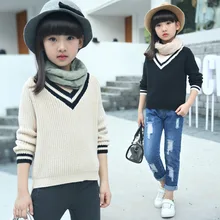 2016 New Big Girls Knitting Sweaters V-Neck Children Clothing Spring Autumn School Teenage Girls Costumes Tops 4-13 Years