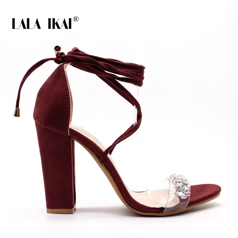 LALA IKAI/женские летние босоножки с ремешком на щиколотке; обувь на высоком каблуке и платформе с кристаллами; пикантная женская свадебная обувь для вечеринки; 014C1407-5 - Цвет: Red