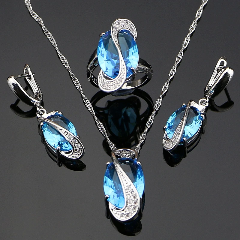 

Mystic Oval Blue Cubic Zirconia 925 Silver Jewelry Sets For Women Wedding Earrings/Pendant/Necklace/Ring drop shipping