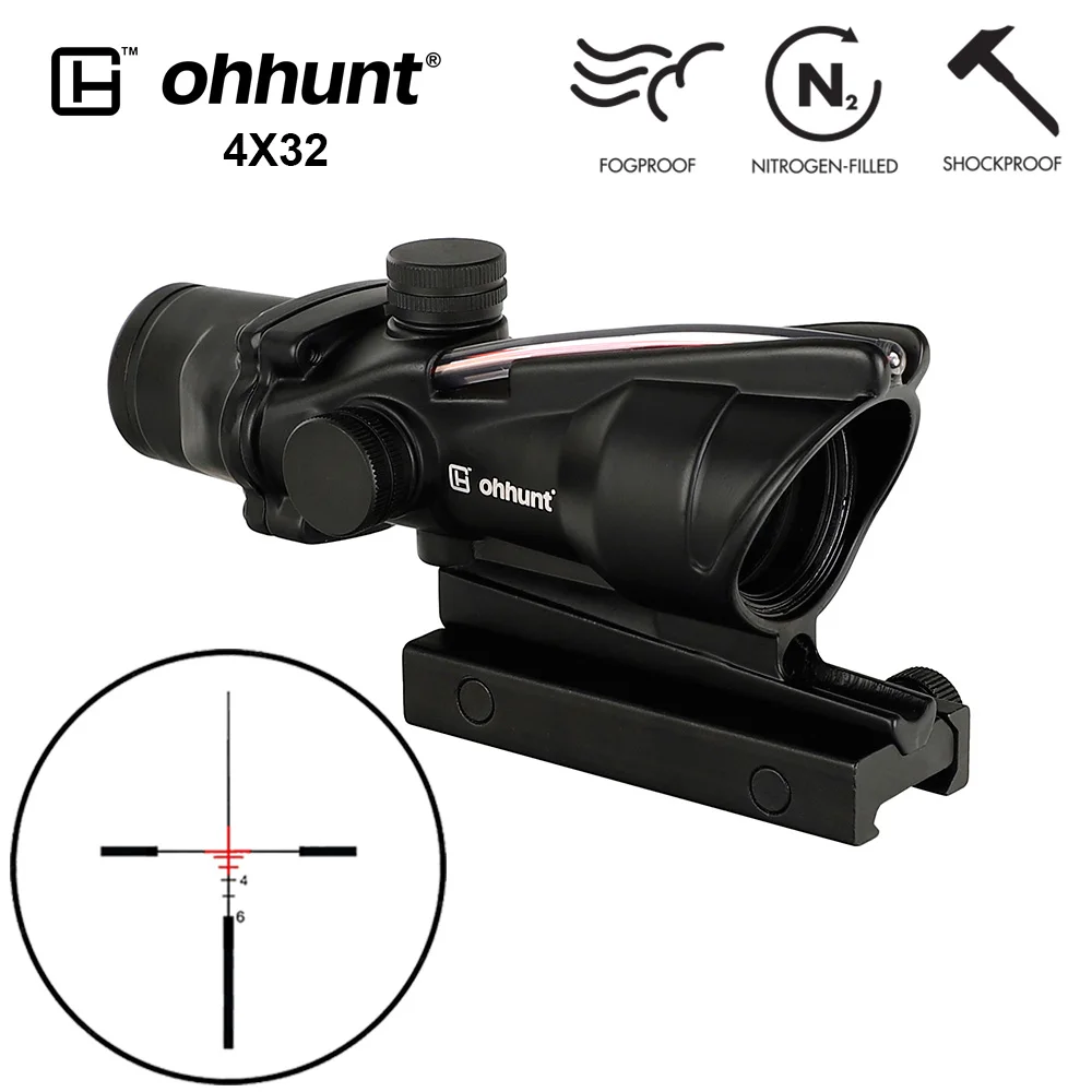 Ohhunt Охота 4X32 ACOG реальный оптоволоконный прицел BDC шеврон Подкова Сетка тактические оптические прицелы для cal. 223. 308 печать логотипа - Цвет: Reticle No.1 Red