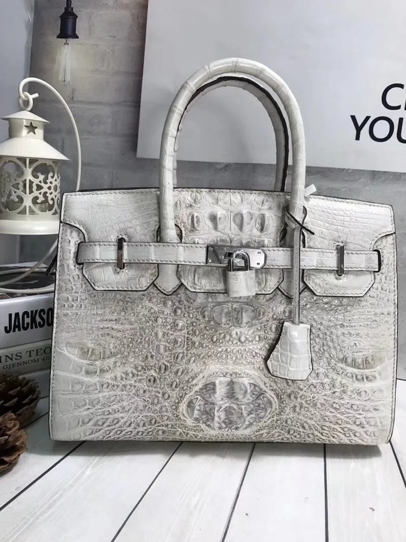 

Luxury Designer Genuine Crocodile Skin Silver Hardware Women's Totes Handbag Alligator Leather Lock Closure Female Shoulder Bag