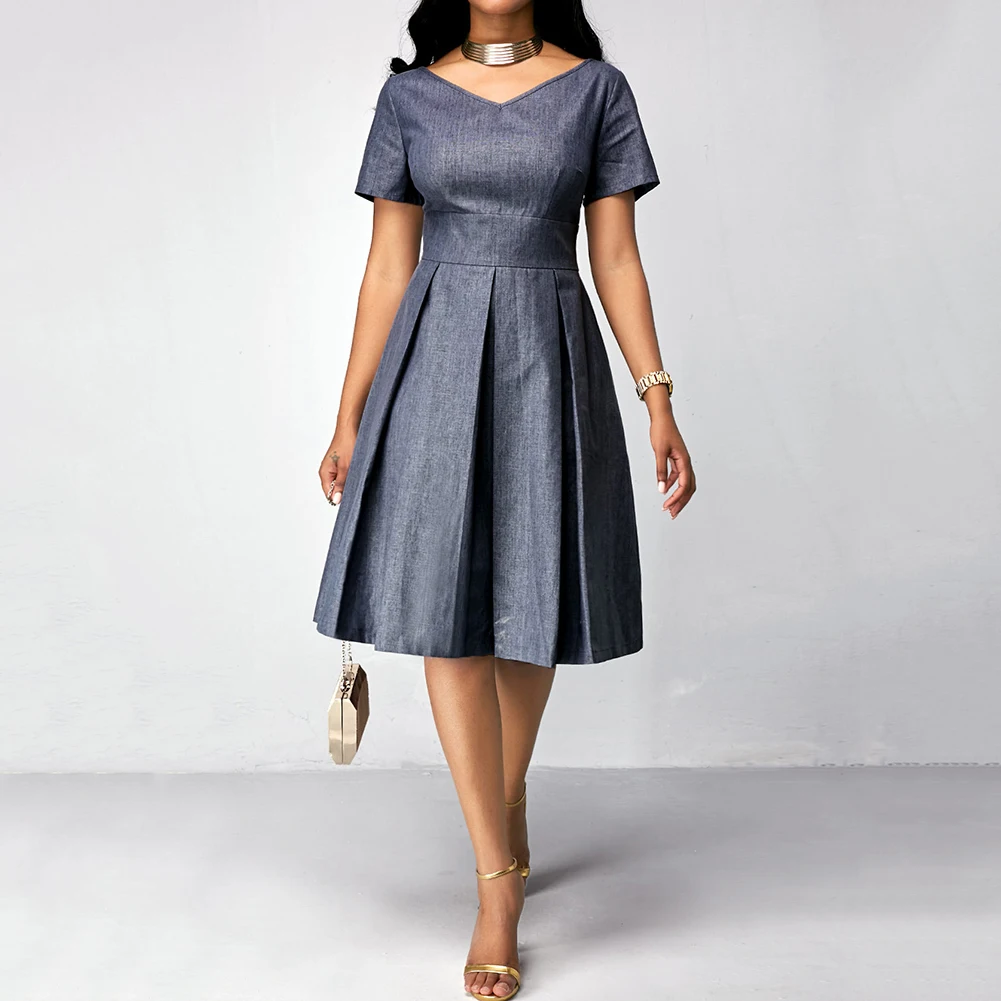 Вечерние размера плюс женское однотонное платье миди с v-образным вырезом и коротким рукавом с высокой талией