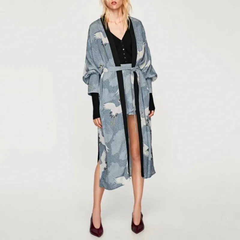 Women Elegant Crane print long Blue Kimono Shirt Summer