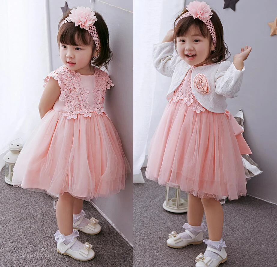 3 Pieces Ensemble Rose Noeuds Papillon Dentelle Fleurs Bebe Fille Robe De Bapteme Princesse Fete De Mariage Nouveau Ne Robe De Bapteme Bandeau Mini Manteau Aliexpress