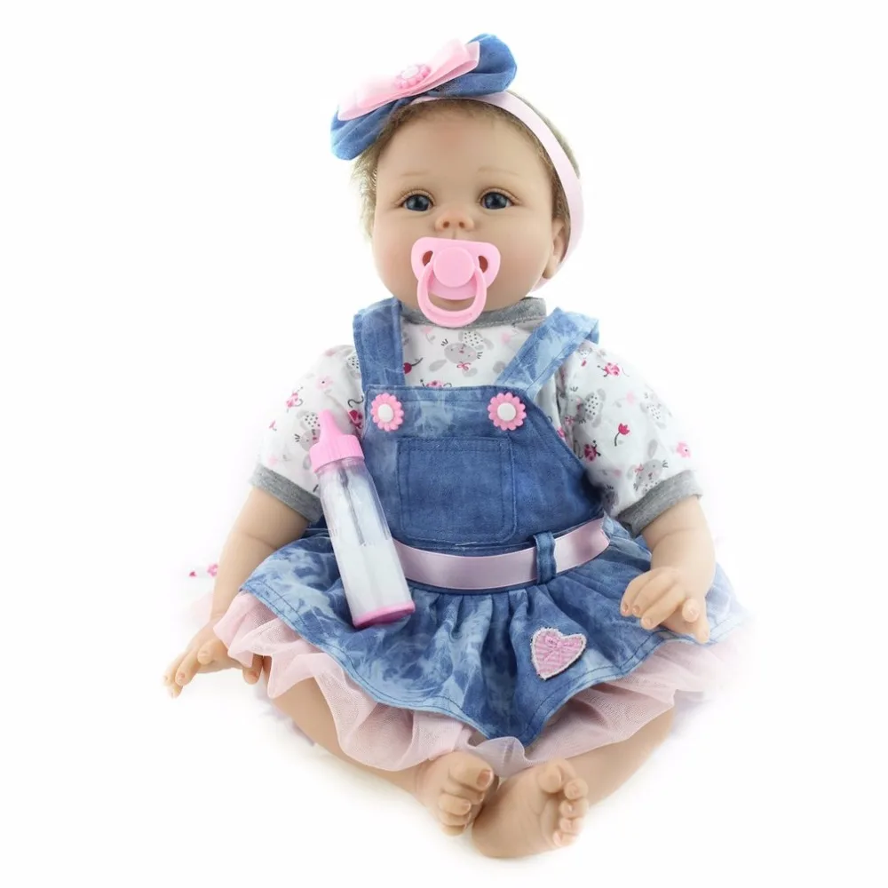 

NPK 55cm Soft Body Silicone Denim Dress Doll Reborn Baby Toys For Girls NewBorn Bedtime Early Educational Dolls Gift Hot Sale