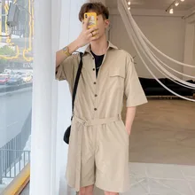 Мужской летний комбинезон с коротким рукавом и поясом, комбинезон с карманами, хип-хоп, мужские повседневные штаны, Harajuku, короткие комбинезоны для мужчин, X9113