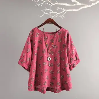 Vintage Cotton Linen Summer Tops Women Plus size Floral Print Loose Blouse O neck Short sleeve Tees Ladies Clothes vintage floral print v neck half sleeve blouse for women