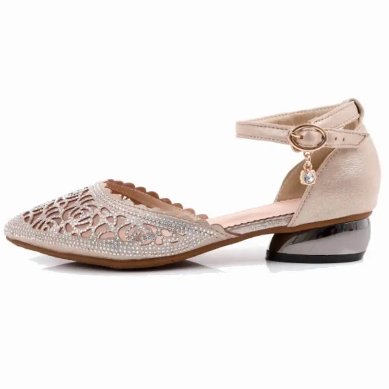 GKTINOO/Летняя женская обувь; Модные женские босоножки из натуральной кожи со стразами; вечерние босоножки с острым носком и сеткой на толстом низком каблуке