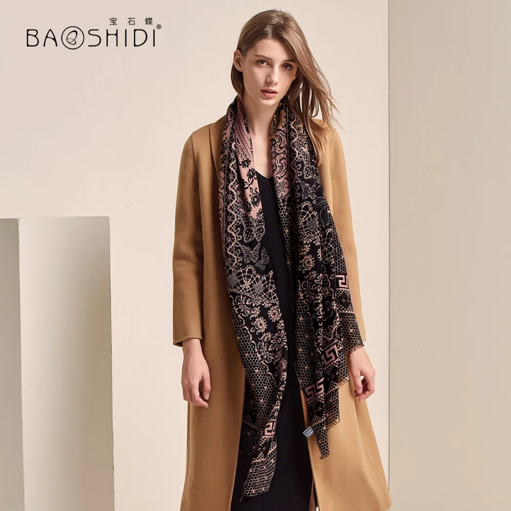 

[BAOSHIDI]100S Wool scarf, luxury brand winter scarves,womens scarfs fashionable,warm & soft shawl,printed 100% woll lady hijab