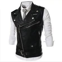 Осенний мужской тонкий короткий дизайнерский жилет из искусственной кожи на молнии, Мужская одежда, мотоциклетный жилет, пальто в стиле панк