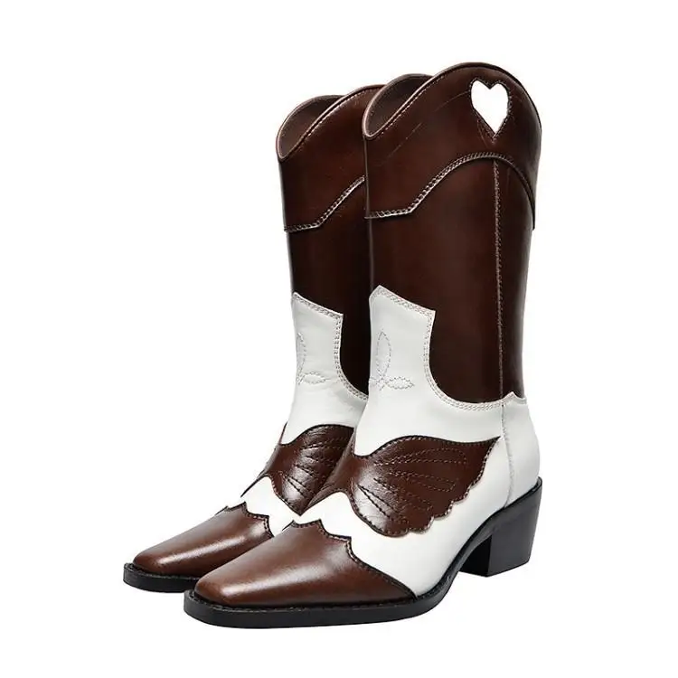 

Runway Winter Boots Women Patchwork Real Leather Botas Mujer Chic Sewing Wings Fretwork Heart Slip On Western Boots Womens Shoes