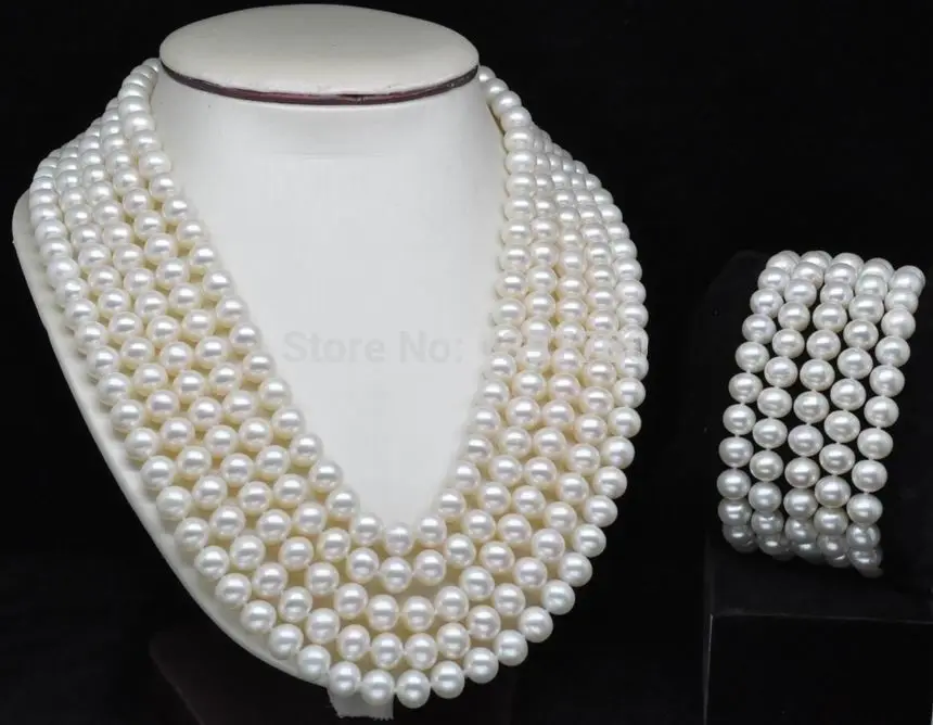 

Miss charm Jew.73 Noblest Rare 5-Row AAA+ 7-8mm White pearl Set necklaces&bracelets (A0423) -Bride jewelry free shipping