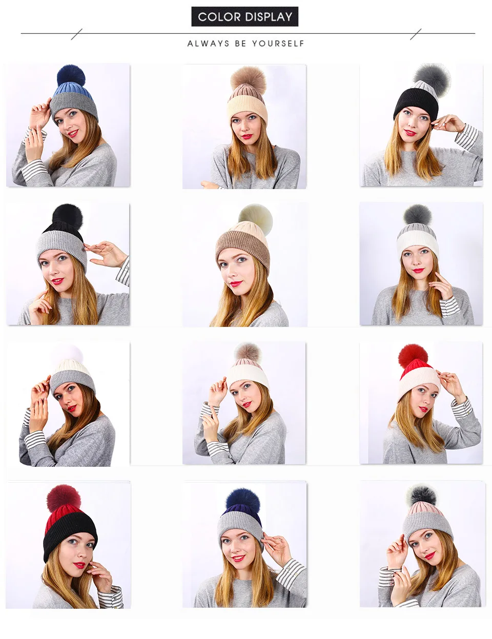Женские зимние шапки, шерсть, Лисий мех, помпон в полоску,, Осень-зима, женская меховая женская шапка, шапочки
