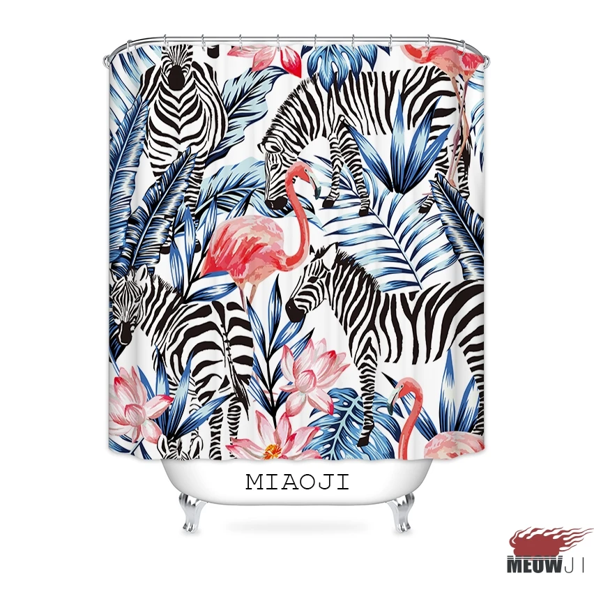 

[MIAOJI] Pink Flamingo Tropical Jungle Hawaii Summer Plants Fabric Shower Curtain Bathroom decor various sizes Free Shipping