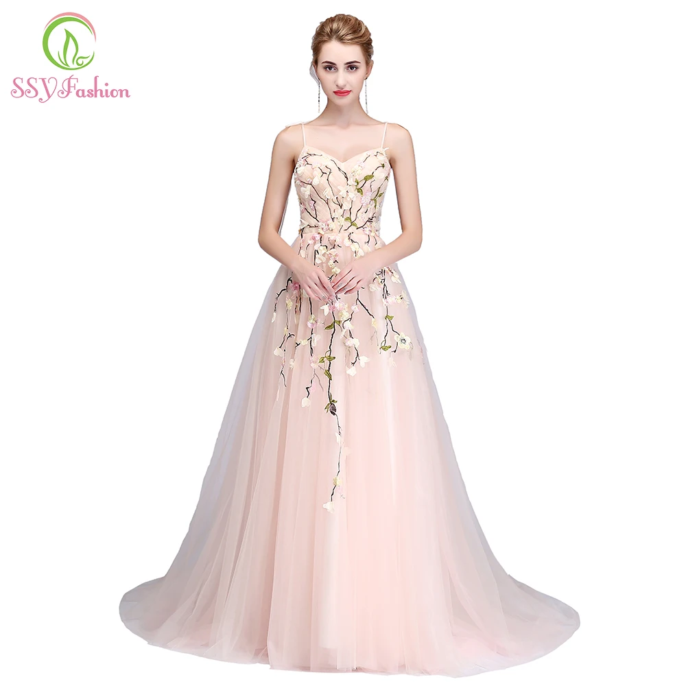 

Clearance Evening Dress Light Pink V-neck Sweep Train Lace Flower Prom Party Gown Formal Dresses Robe De Soiree