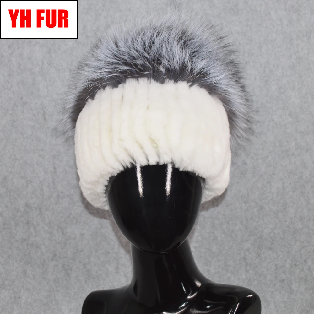 

Quality Natural Rex Rabbit Fur Hat Women Winter Knit Real Sliver Fox Fur Cap Handmade Russian Lady Rex Rabbit Fur Beanies Hats