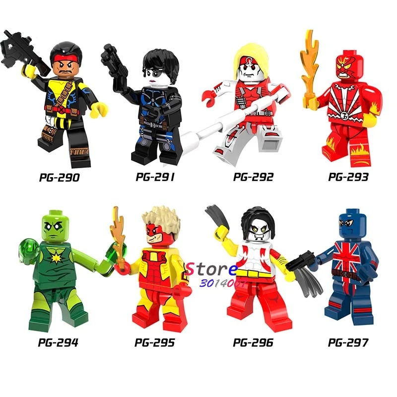 

Single Super Hero DC Comics Forge Pyro Domino Radioactive Man Union Jack Omega Figure building blocks toys for children