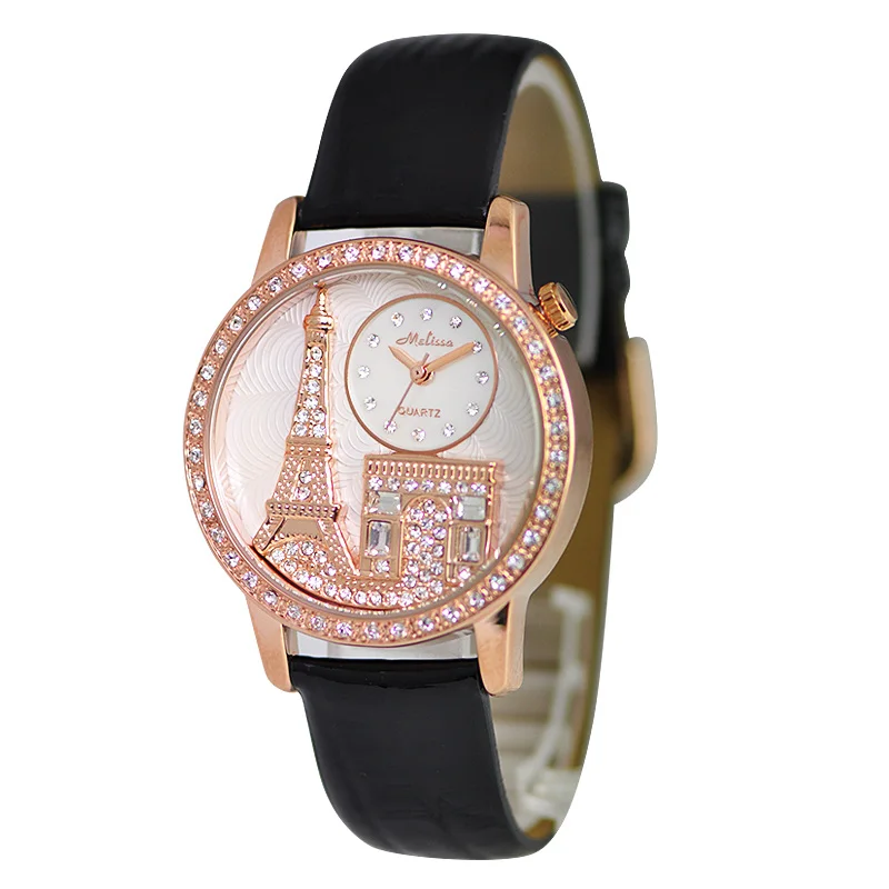Melissa Lady Для женщин часы Японии кварцевых часов браслет кожаный роскошные стразы подарок на день рождения Эйфелева башня Триумфальная - Цвет: Gold Black