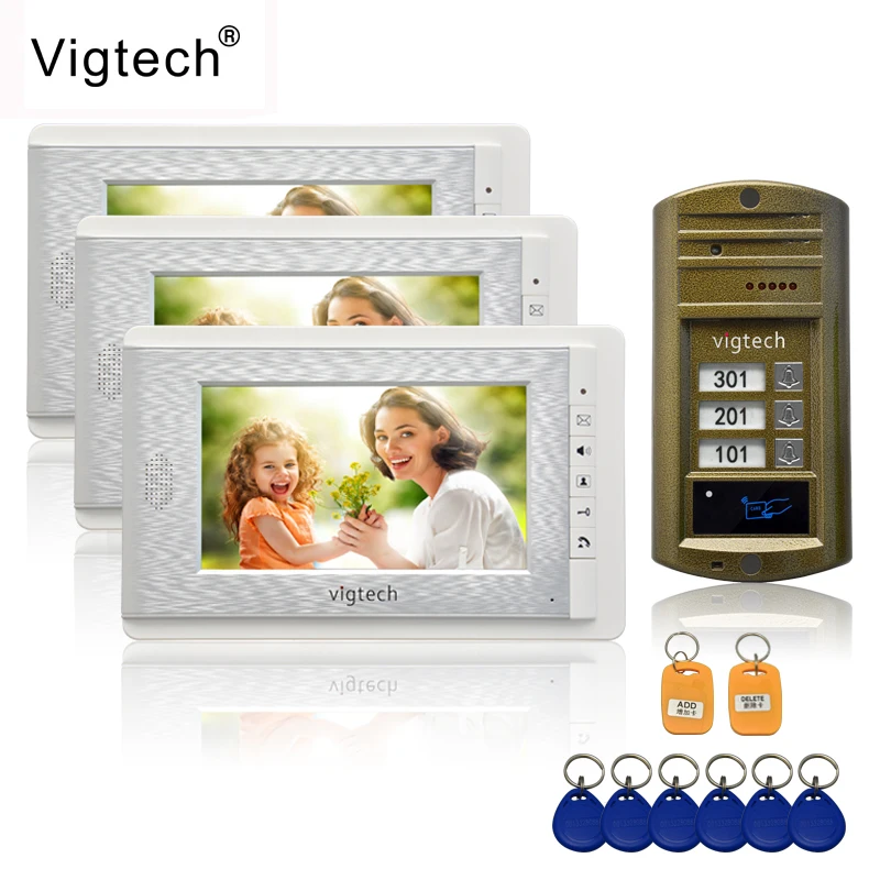 Vigtech 7'' color video door phone 3 monitors with 1 intercom doorbell can control 3 houses for multi apartment RFID Camera
