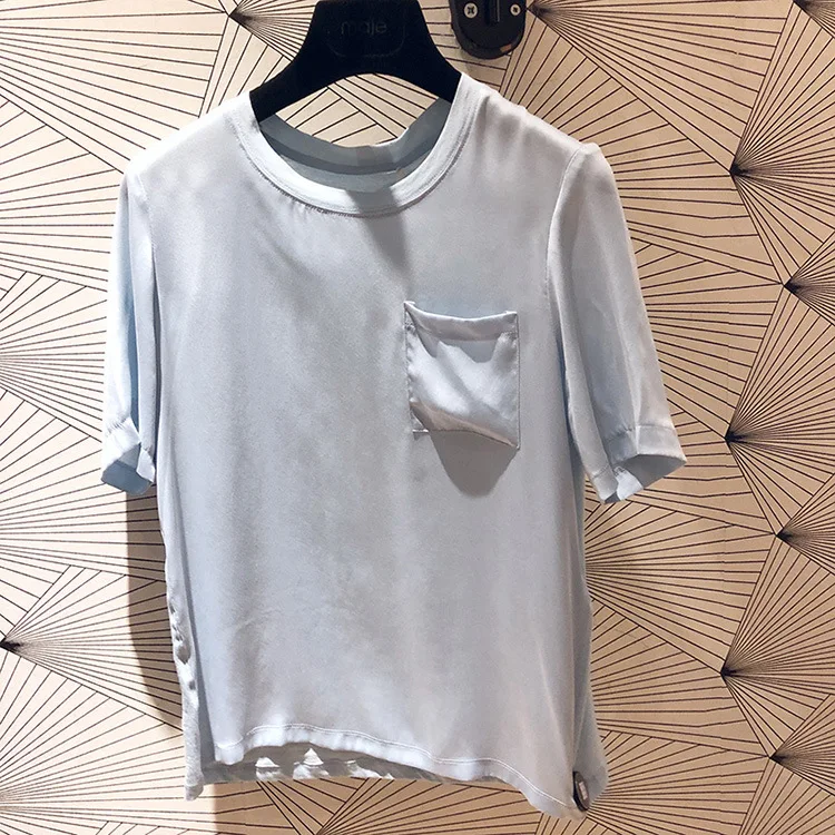 

2019 Spring and Summer New Simple Women's Short Sleeve Shirts O-Neck Pockets Short T-shirt Women