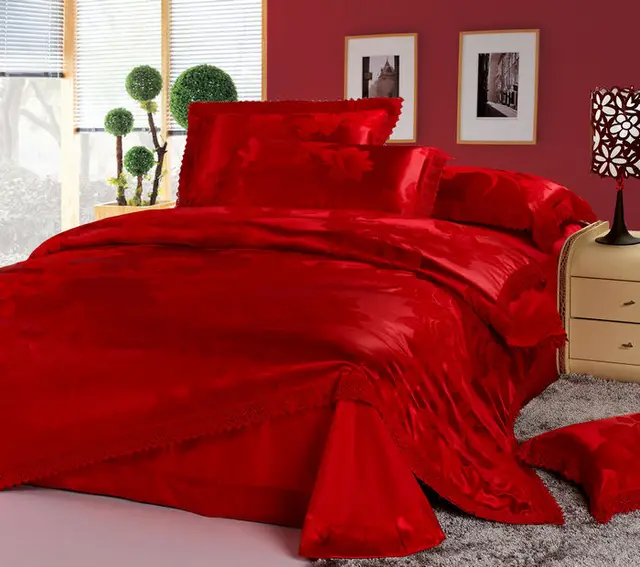 luxury chinese wedding bedding set red jacquard lace queen quilt red king size sheets