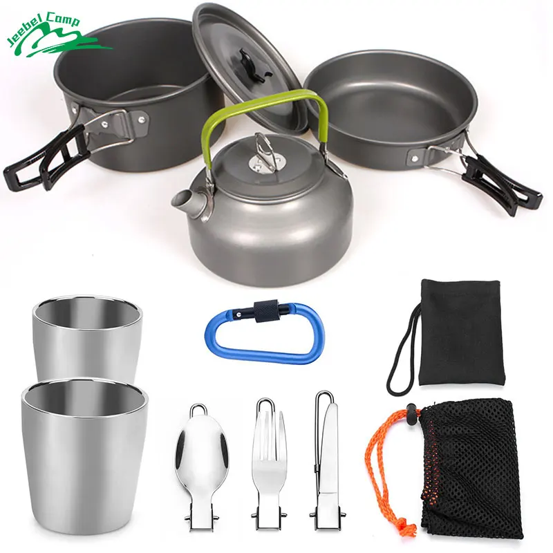 Jeebel 10 piezas de utensilios de cocina olla Pan tetera con 2 tazas de tenedor cuchillo cuchara Kit mochila acampar al aire libre senderismo y Picnic