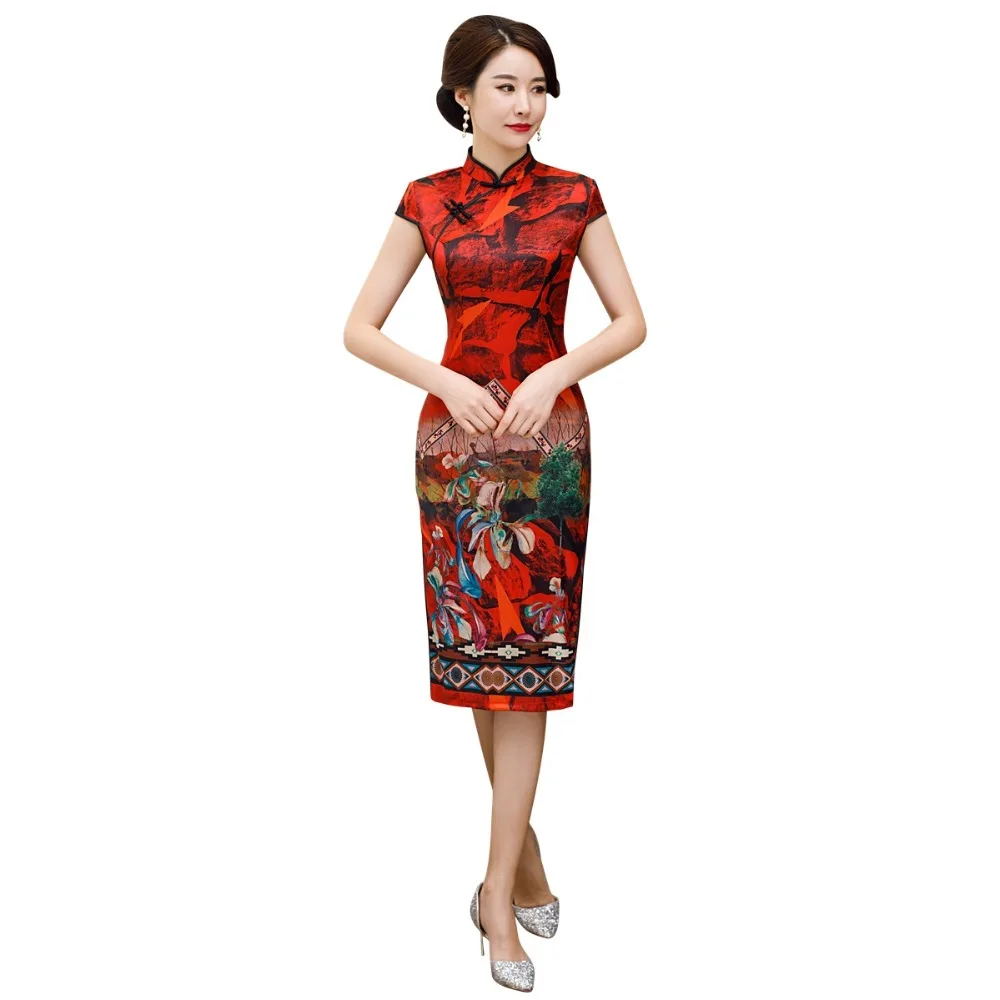 Шанхай история китайский стиль Платье До Колена Cheongsam цветочный Qipao восточное платье с коротким рукавом Вечерние платья для женщин