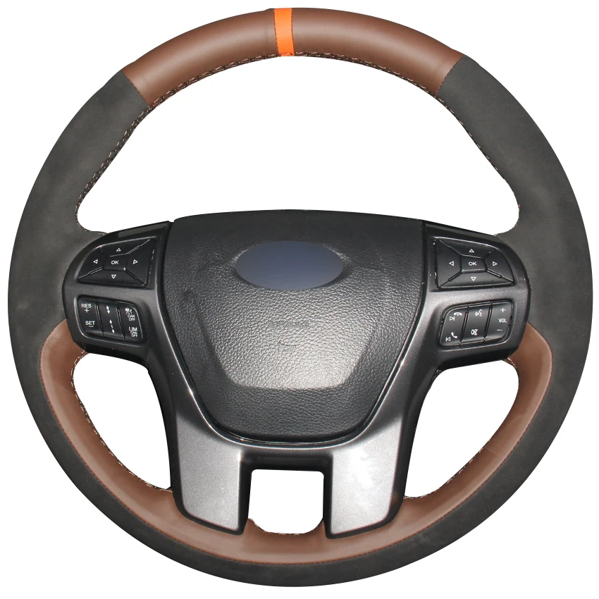 

Coffee Natural Leather Black Suede Car Steering Wheel Cover for Ford Ranger Everest 2016