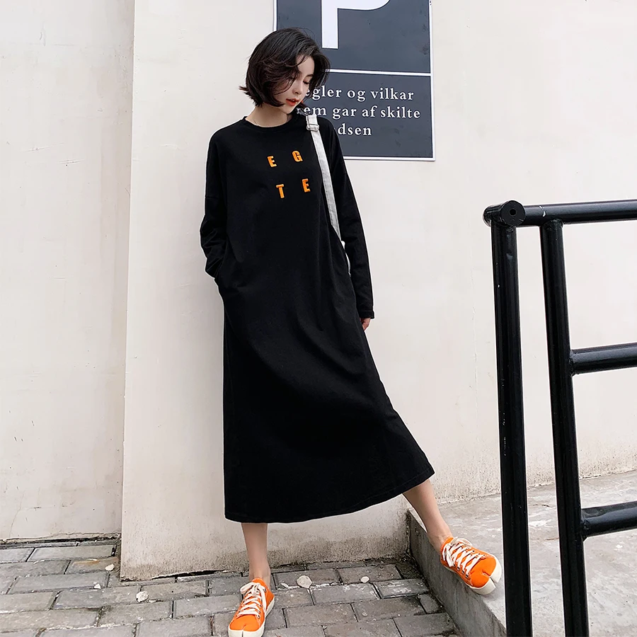 

Simple black Women Long Hoodies Sweatshirt embroidery letter 2019 Autumn Winter Loose Pullover Outerwear Hooded Womens Coat tops