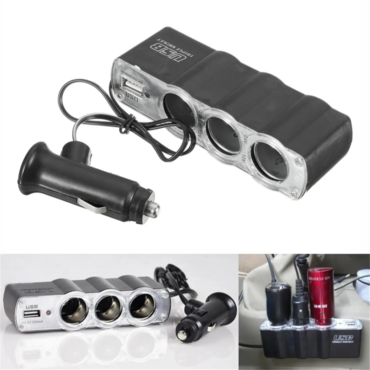 Auto Car 3 Way Multi Socket Cigarette Lighter Splitter Usb