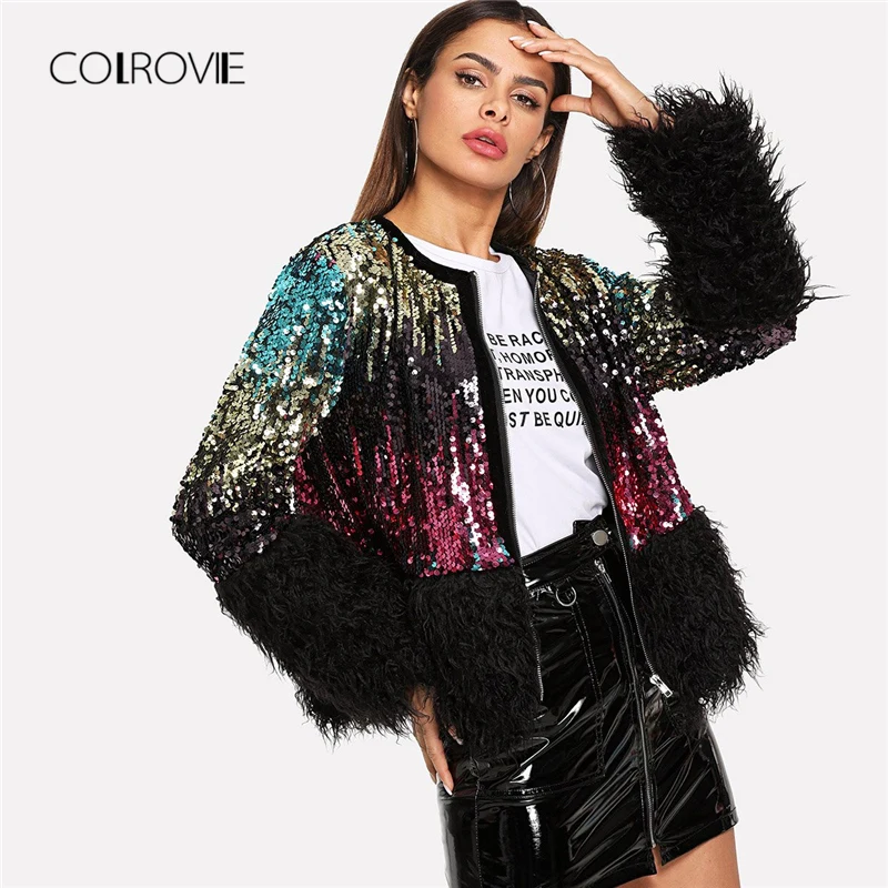 COLROVIE Sequin уличная шуба из искусственного меха женская куртка Осенняя Повседневная модная офисная зимняя теплая ночная женская верхняя одежда